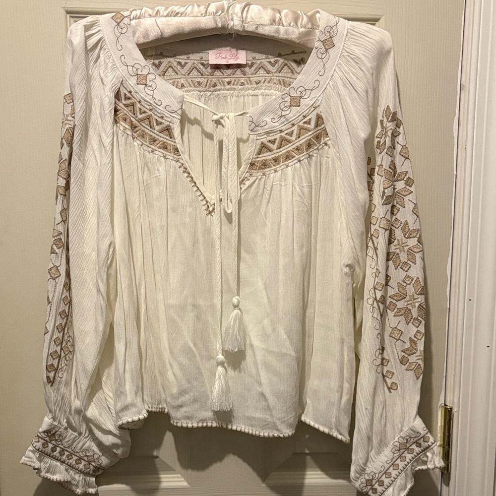 Johnny Was Cream and Brown Embroidered Blouse
